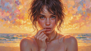 Huile - Portrait d'une belle jeune femme sur fond de soleil couchant
