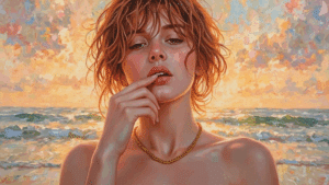 Huile - Portrait d'une belle jeune femme sur fond de soleil couchant